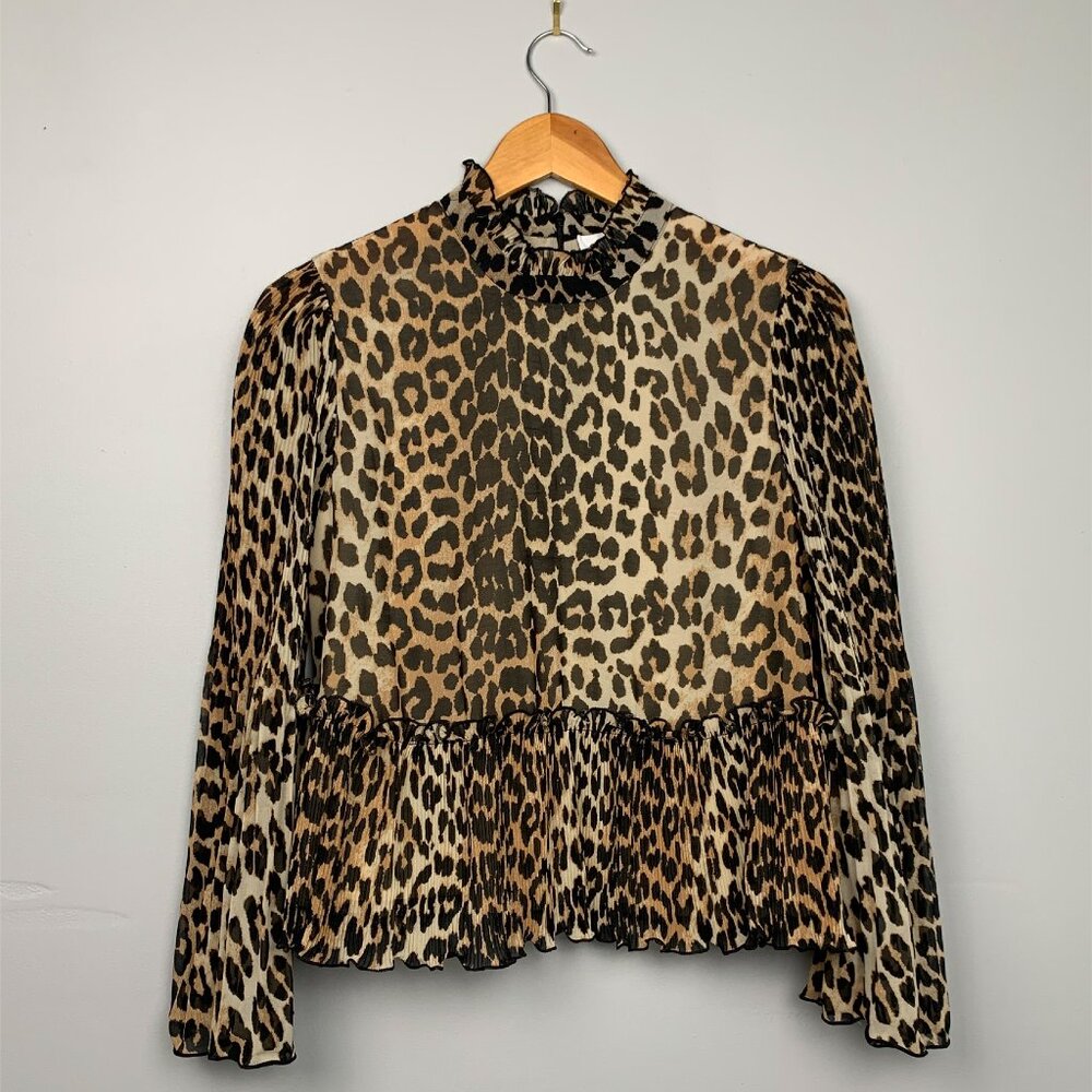 GANNI Pleated Georgette Leopard Print Blouse - Picture 4 of 7